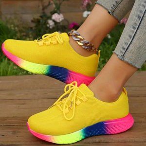 Women's Rainbow Color Sole Running Shoes - Flying Woven Breathable Lace Up Sneak
